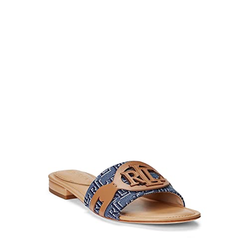 Lauren Ralph Lauren Alegra Monogram Jacquard Slide Sandal Denim Blue/Buff 8.5 B (M)