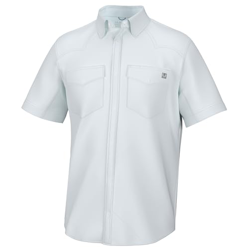 HUK Men's Standard Diamond Back Solid Short Sleeve Button, Fishing Shirt, White