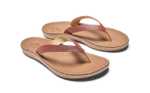 OLUKAI Nonohe Women's Beach Sandal, Premium Full-Grain Leather Flip-Flops, All-Day Support & Breathable Lining, Wet Grip Sole & Easy Slip-On Design, Cedarwood/Golden Sand, 9