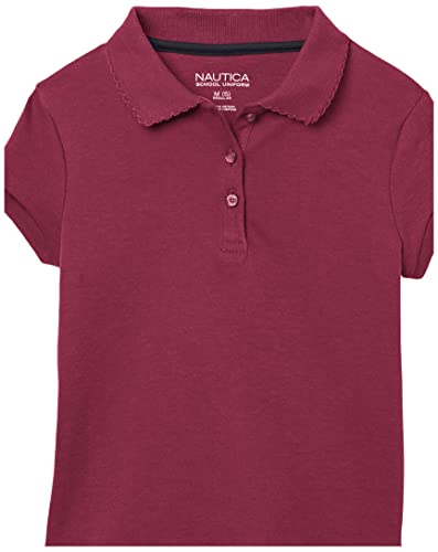 Nautica Girls' School Uniform Short Sleeve Polo Shirt, Button Closure, Soft Pique Fabric, Burgundy, 12-14