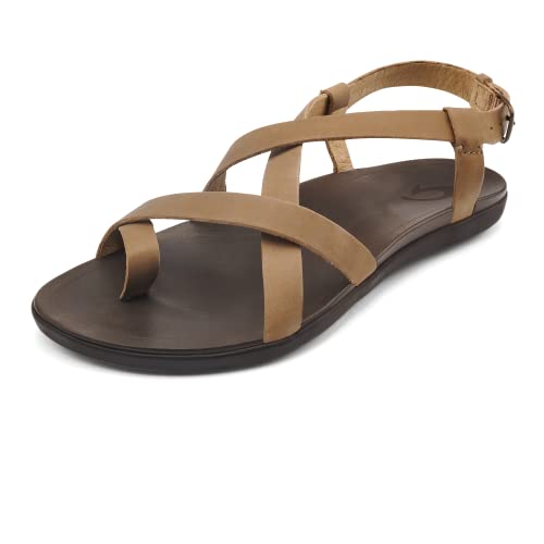OLUKAI Upena Women's Beach Sandal, Crisscrossed Adjustable Leather Straps for All Day Comfort, Cute & Casual Everyday Style, Golden Sand/Golden Sand, 6