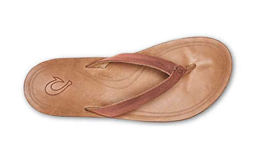 OLUKAI Nonohe Women's Beach Sandal, Premium Full-Grain Leather Flip-Flops, All-Day Support & Breathable Lining, Wet Grip Sole & Easy Slip-On Design, Cedarwood/Golden Sand, 9