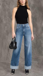 PAIGE Women's Sasha 32" Wide Cuff Jeans, Stefania, Blue, 28