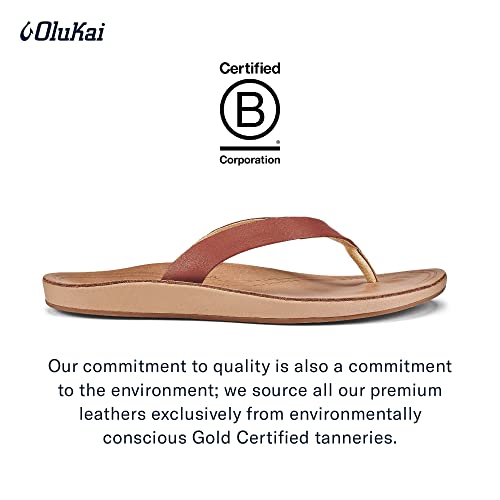 OLUKAI Nonohe Women's Beach Sandal, Premium Full-Grain Leather Flip-Flops, All-Day Support & Breathable Lining, Wet Grip Sole & Easy Slip-On Design, Cedarwood/Golden Sand, 9