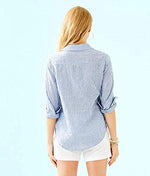 Lilly Pulitzer Sea View Button-Down Shirt for Women - Easy Fit - Long Sleeve - Roomy Fit - Linen Fabric Coastal Blue Stripe MD One Size