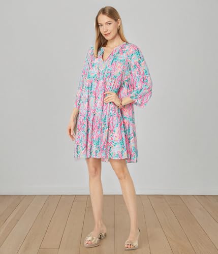 Lilly Pulitzer 3/4 Sleeve Martine Quarter Sleeves Dress for Women with Pullover Style, Split Neckline, and Allover Floral Print Multi Seaweed Samba XXS One Size