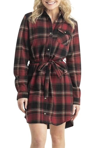 Legendary Whitetails Women's Open Spaces Dress, Flannel Long Sleeve Button Up Tunic with Belt, Forest Plaid, Small