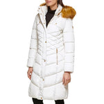 GUESS Women's Midweight Puffer Jacket, Faux Fur Hooded MIK, Large