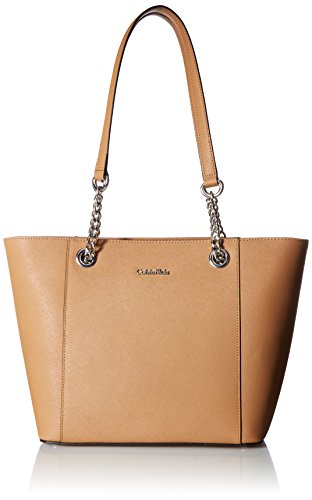 Calvin Klein Hayden Saffiano Leather East/West Top Zip Chain Tote, Buff