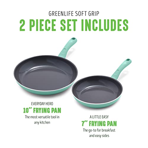 GreenLife Soft Grip Diamond Healthy Ceramic Nonstick, 7" and 10" Frying Pan Skillet Set, PFAS-Free, Dishwasher Safe, Turquoise