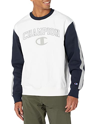Champion Fleece Crewneck Woven Pullover, Men’s Logo Sweatshirt, White/Navy/Dull Grey, Medium