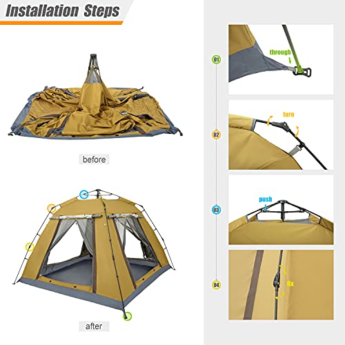 Ubon 4 Person Lightweight Camping Tent Easy Setup Large Cabin Tent Waterproof Instant Tent with Sun Shade for Outdoor Hiking Four Large Mesh Windows for Optimized Ventilation-Light Yellow