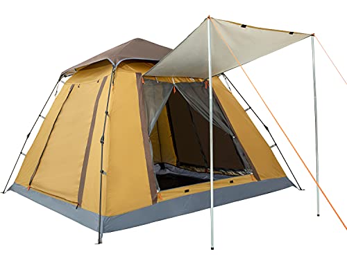 Ubon 4 Person Lightweight Camping Tent Easy Setup Large Cabin Tent Waterproof Instant Tent with Sun Shade for Outdoor Hiking Four Large Mesh Windows for Optimized Ventilation-Light Yellow