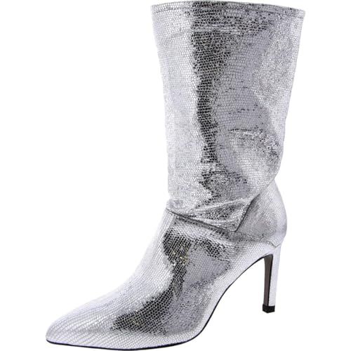AllSaints Women's Orlana Shimmer Boots Mid Calf, Metallic Silver, 7