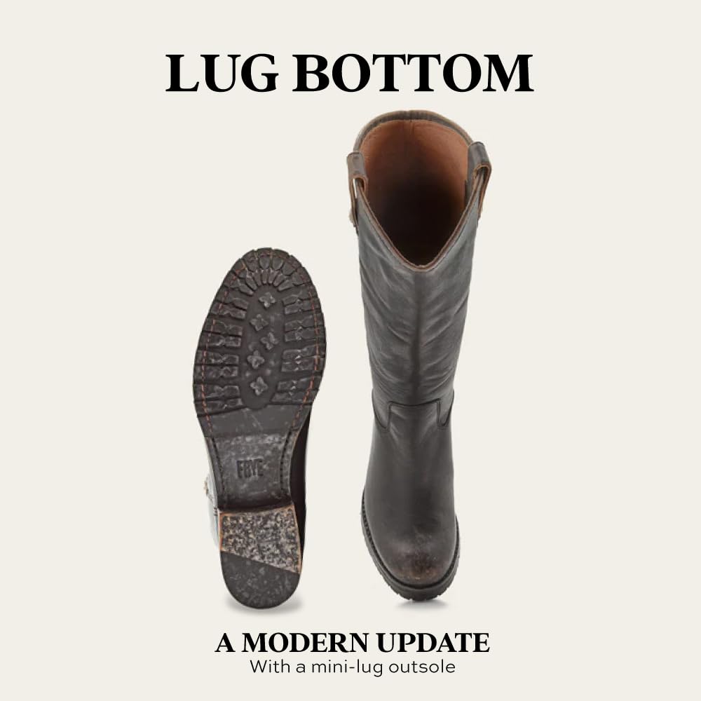 Frye Melissa Double Sole Button Lug Tall Riding Boots for Women - Leather Lined Classics with Modern Stacked Heel and Rugged Mini-Lug Traction Outsole, Antiqued Black - 8M