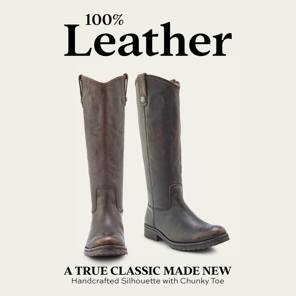 Frye Melissa Double Sole Button Lug Tall Riding Boots for Women - Leather Lined Classics with Modern Stacked Heel and Rugged Mini-Lug Traction Outsole, Antiqued Black - 8M