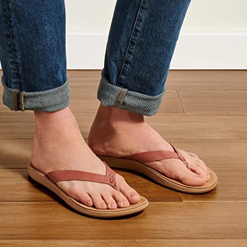 OLUKAI Nonohe Women's Beach Sandal, Premium Full-Grain Leather Flip-Flops, All-Day Support & Breathable Lining, Wet Grip Sole & Easy Slip-On Design, Cedarwood/Golden Sand, 9