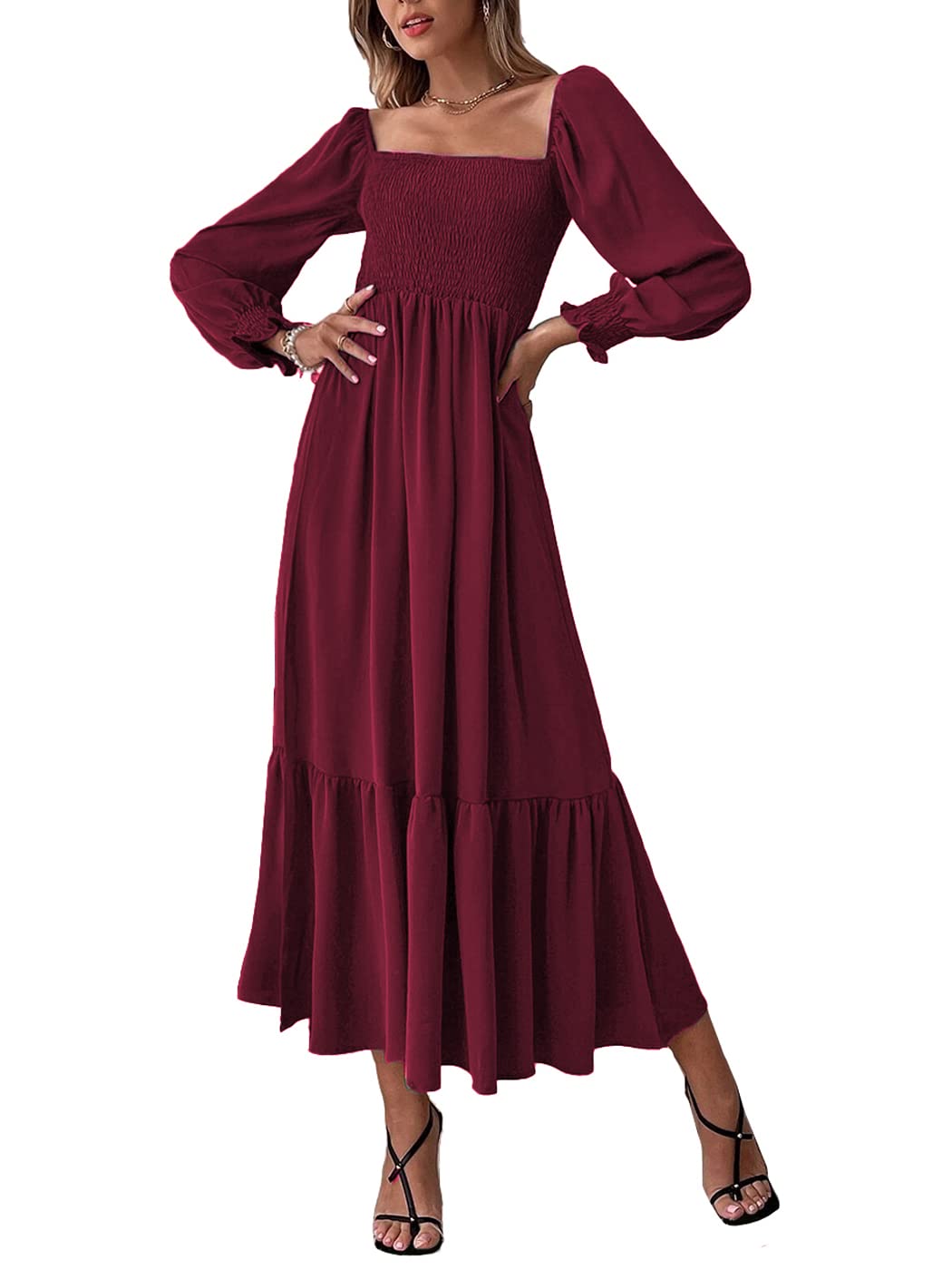 Anna-Kaci Women's Square Neck Shirred Ruffle Hem Long Sleeve Maxi Dress, Wine Red, Small