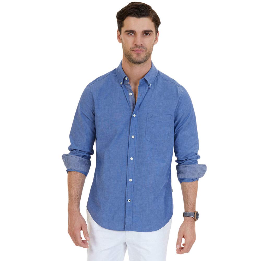 Nautica Men Classic Fit Stretch Solid Long Sleeve Button Down Shirt, Rivieria Blue, Large