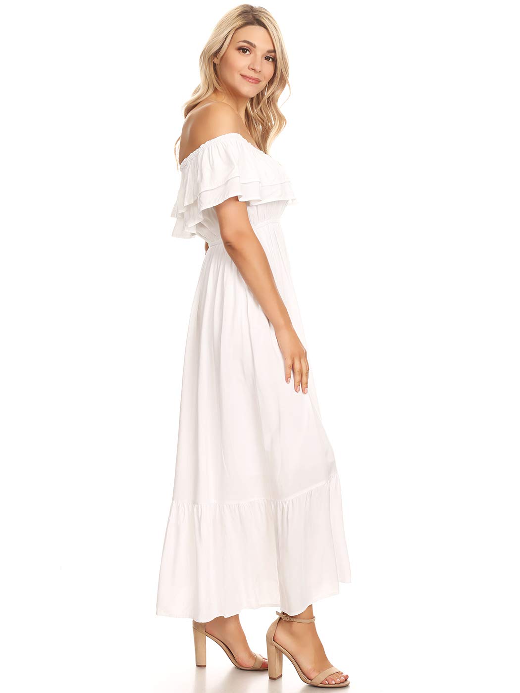 Anna-Kaci Womens Boho Peasant Ruffle Stretchy Short Sleeve Long Dress, White, X-Large