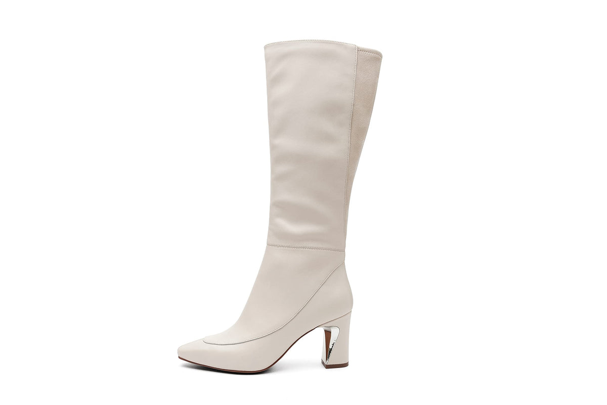 Linea Paolo - Jaime -Womens Mid-Height Heel Knee High Stretch Fashion Boots Cream Leather/Stretch Suede 6M