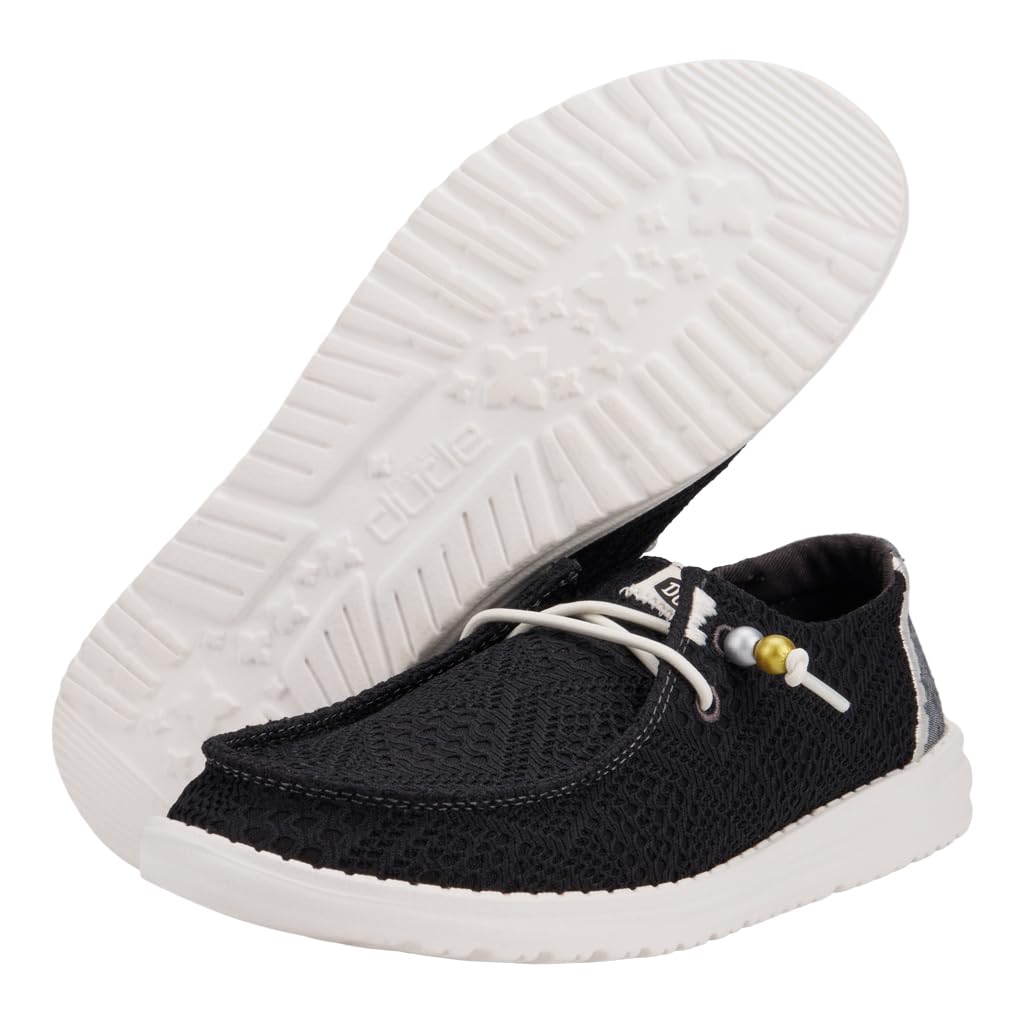 HEYDUDE Wendy Boho Crochet Loafers for Women Textile Upper & Lining Lace-up Closure Textile Outsole Black