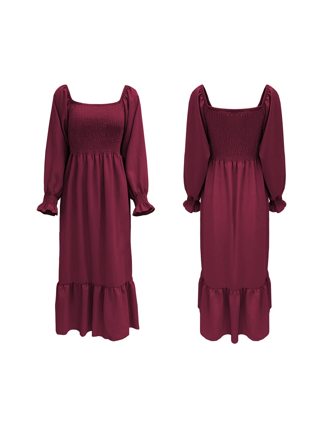 Anna-Kaci Women's Square Neck Shirred Ruffle Hem Long Sleeve Maxi Dress, Wine Red, Small