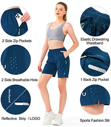 NORTHYARD Women's Athletic Hiking Shorts Quick Dry Active Running Lightweight Shorts for Gym Workout with 3 Zipper Pockets Seablue 2XL