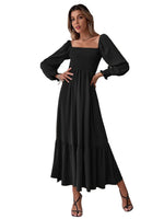 Anna-Kaci Women's Square Neck Shirred Ruffle Hem Long Sleeve Maxi Dress, Black, Small