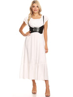 Anna-Kaci Womens Boho Peasant Ruffle Stretchy Short Sleeve Long Dress, White, X-Large