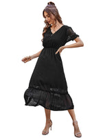 Anna-Kaci Women Summer Swiss Dot Short Sleeve Dress High Waist V Neck Floral Print Flowy Maxi Dress, Small Black