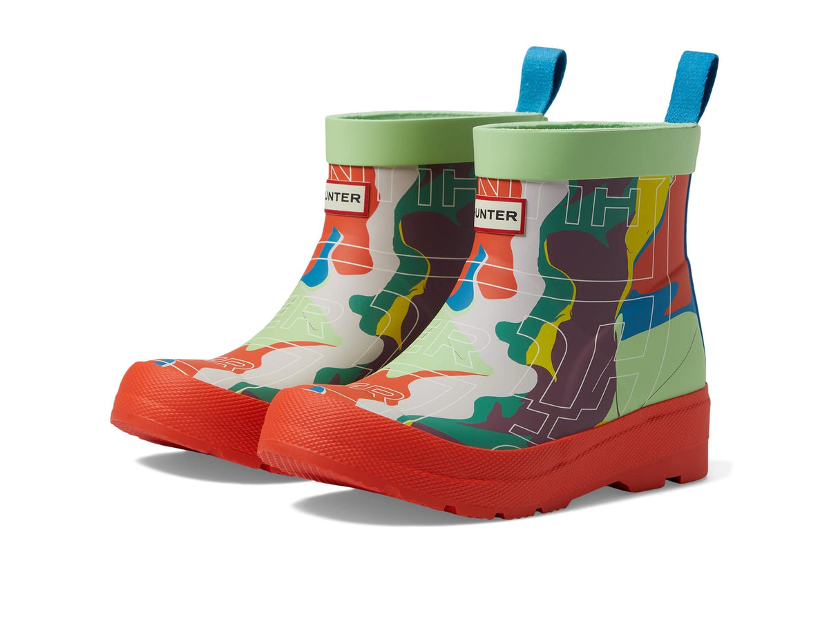 Hunter Exploded Logo Boot (Little Kid/Big Kid) Poolhhouse Blue/Red Tang/Illuminating Yellow 4 Big Kid M