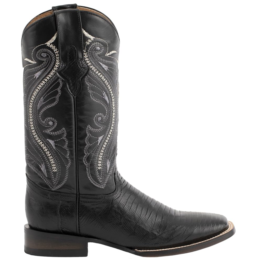 Ferrini Men's Taylor Teju Lizard Square Toe Leather Heeled Western Boots, Black, 11