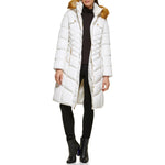 GUESS Women's Midweight Puffer Jacket, Faux Fur Hooded MIK, Large