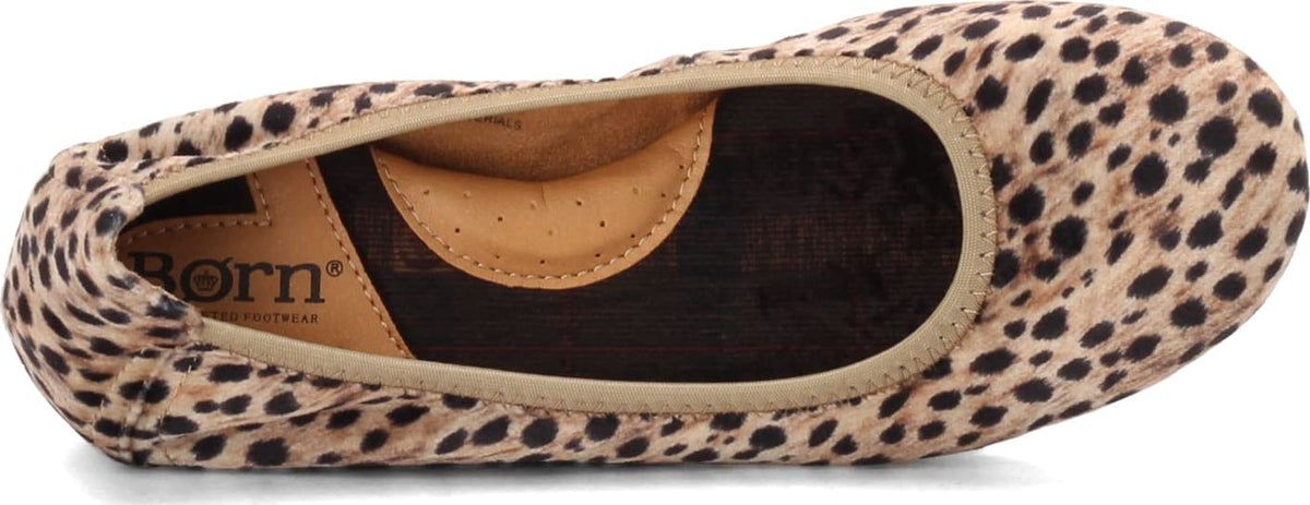 BORN Women's, Julianne Flat 9 Black/Natural Leopard Fabric