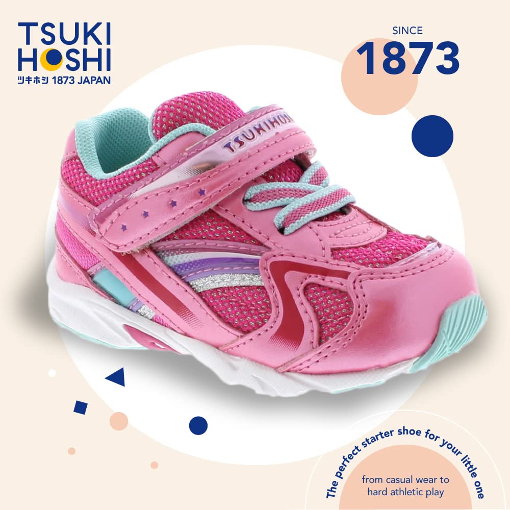 TSUKIHOSHI 3537 GLITZ Strap-Closure Machine-Washable Child Sneaker Shoe with Wide Toe Box and Slip-Resistant, Non-Marking Outsole - For Toddlers and Little Kids, Ages 1-8 Toddler (1-4 Years) 10 Toddler Hotpink/Mint