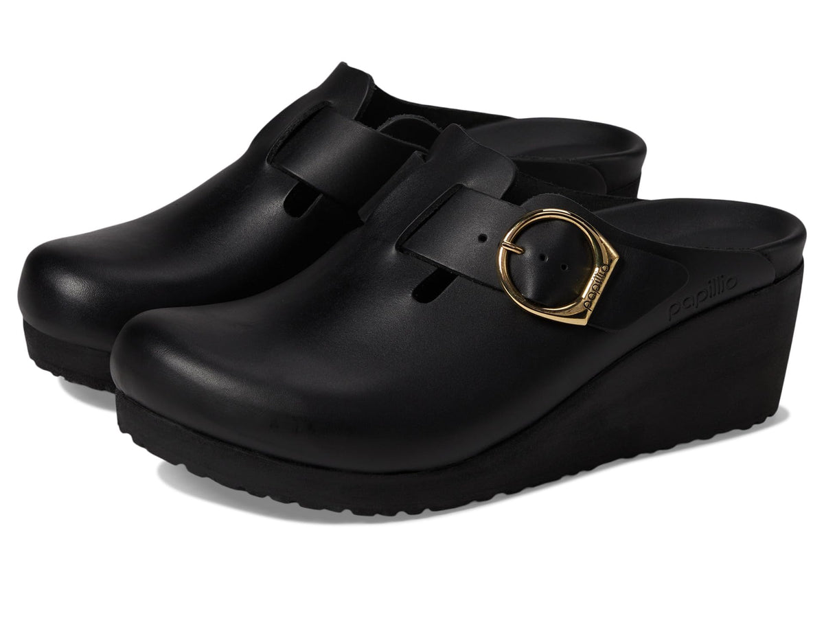 Birkenstock Women's Papillio Fanny Wedge Clog-Leather Sandal, Black, 9-9.5 Narrow