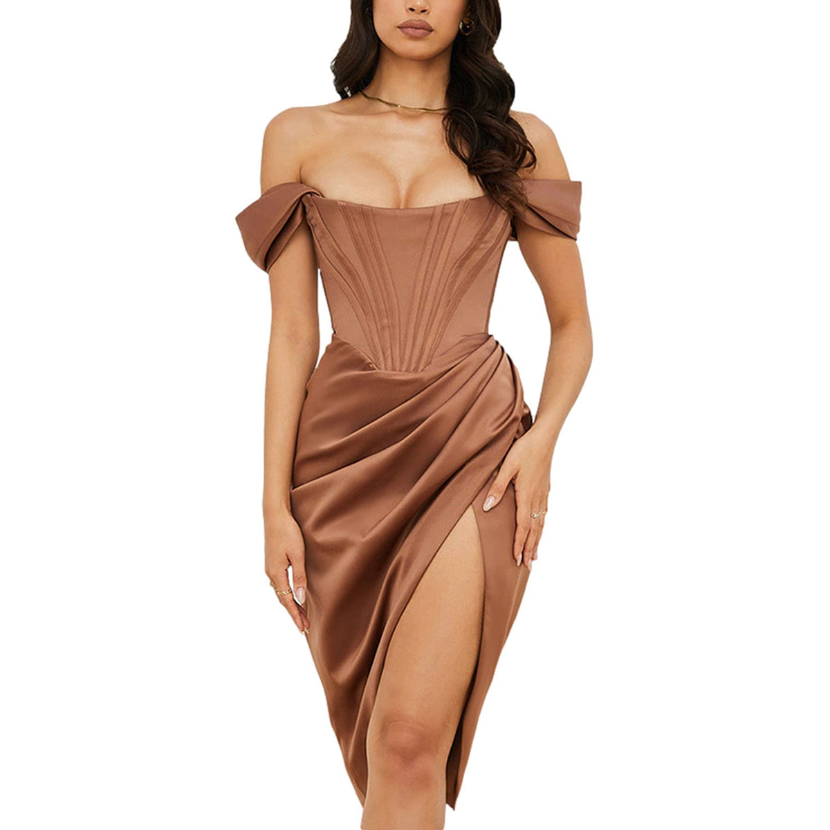 Capbier Women's Womens Sexy Off Shoulder Corset Dress Strapless High Slit Bodycon Dresses Hem Satin Party Night Midi Dress, A-brown