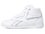 Reebok Freestyle Hi High Top White/Silver Metallic 9 B (M)