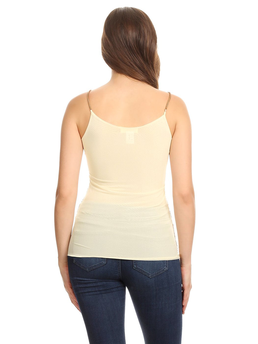 Anna-Kaci Womens Glitzy All Over Sequin Chain Straps Slim Spaghetti Tank Top, Gold, Medium