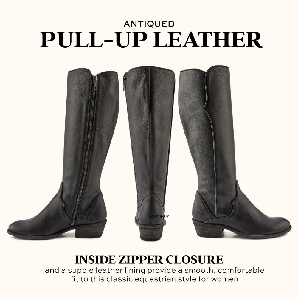 Frye Carson Piping Tall Boots for Women Made from Antiqued Pull-Up with Western-Style Piping, Inside Zipper Closure, and Low Heel – 15" Shaft Height, Black - 8.5 M