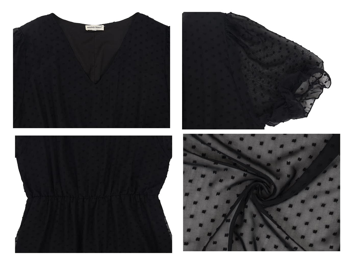 Anna-Kaci Women Summer Swiss Dot Short Sleeve Dress High Waist V Neck Floral Print Flowy Maxi Dress, Small Black