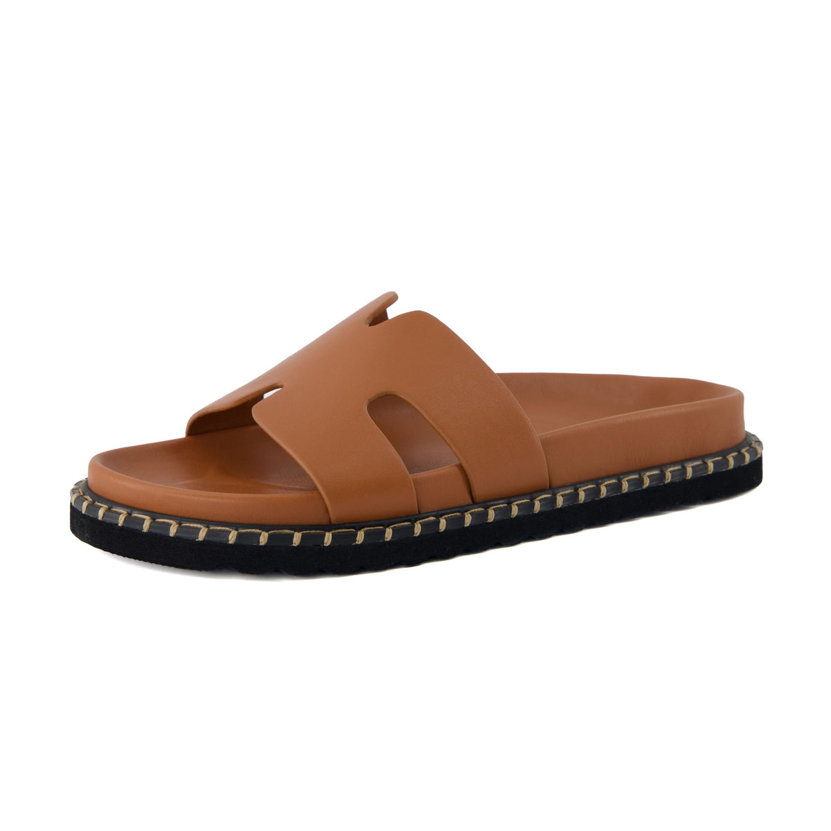 CUSHIONAIRE Crisp Womenโs Slide Sandal โ Faux Leather Cutout Slip-On with Artisan Stitching & Memory Foam, Wide Widths Available, WHISKEY 10W