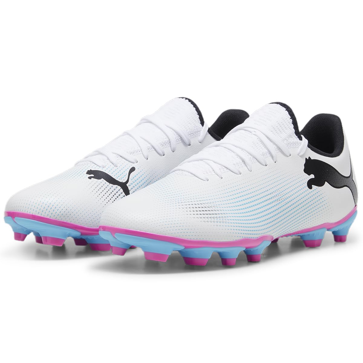 PUMA Mens Future 7 Play Firm, Artificial Ground Soccer Cleats, PUMA Mens White-PUMA Mens Black-Poison Pink, 7