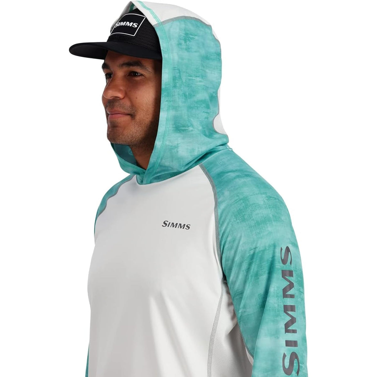Simms Challenger Solar Hoody for Men - UPF 30+ Long Sleeve Fishing Sun Shirt with Hood, Breathable & Moisture-Wicking Fabric, (Sea Breeze Daze/White, Large)