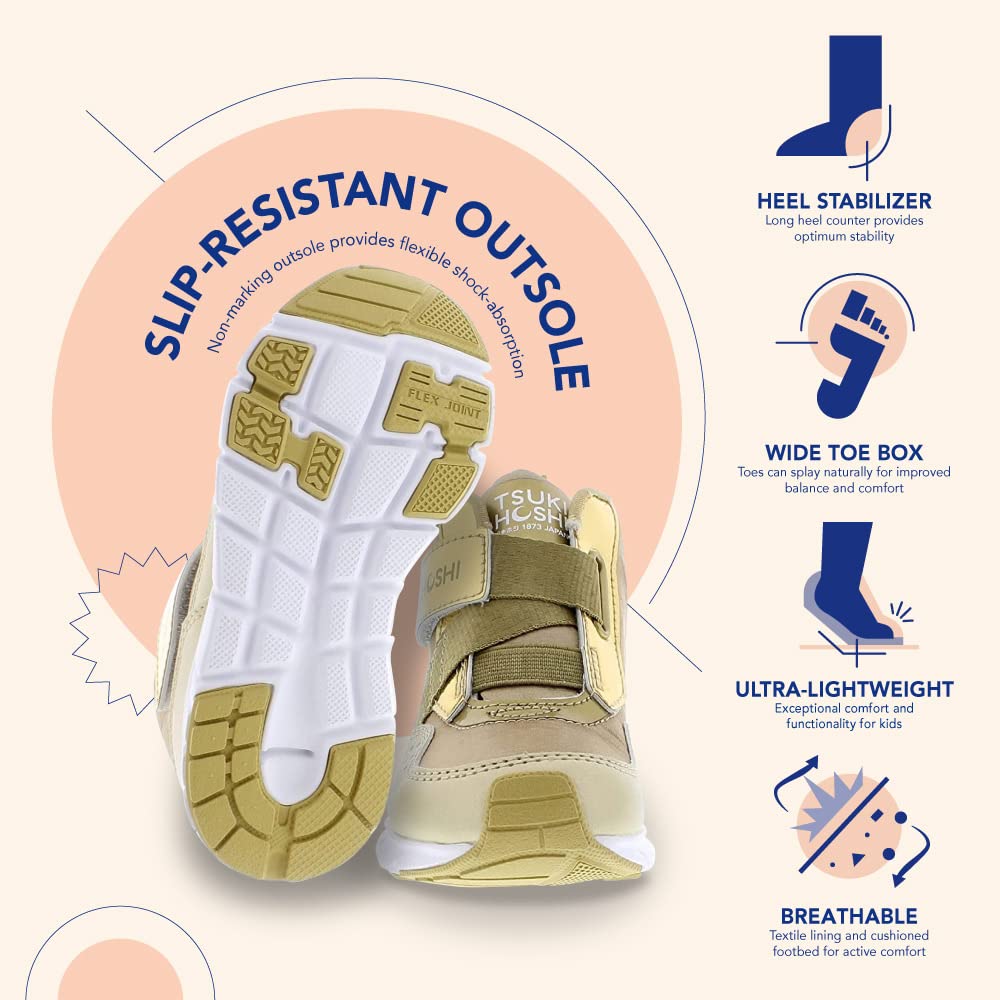 TSUKIHOSHI TOKYO Kids Shoes - Strap-Closure Machine-Washable Kids and Toddler Shoes with Wide Toe Box & Slip-Resistant, Non-Marking Outsoles, Gold/Honey - 8 Toddler(1-4 years)