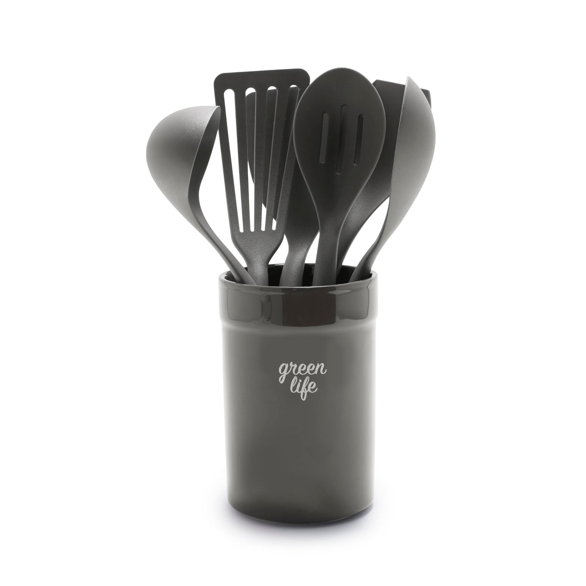 GreenLife Cooking Tools and Utensils, 7 Piece Nylon and Wood Kitchen Set with Ceramic Crock Holder, Heat Resistant Spatula and Spoons, BPA-Free, Black