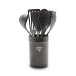 GreenLife Cooking Tools and Utensils, 7 Piece Nylon and Wood Kitchen Set with Ceramic Crock Holder, Heat Resistant Spatula and Spoons, BPA-Free, Black