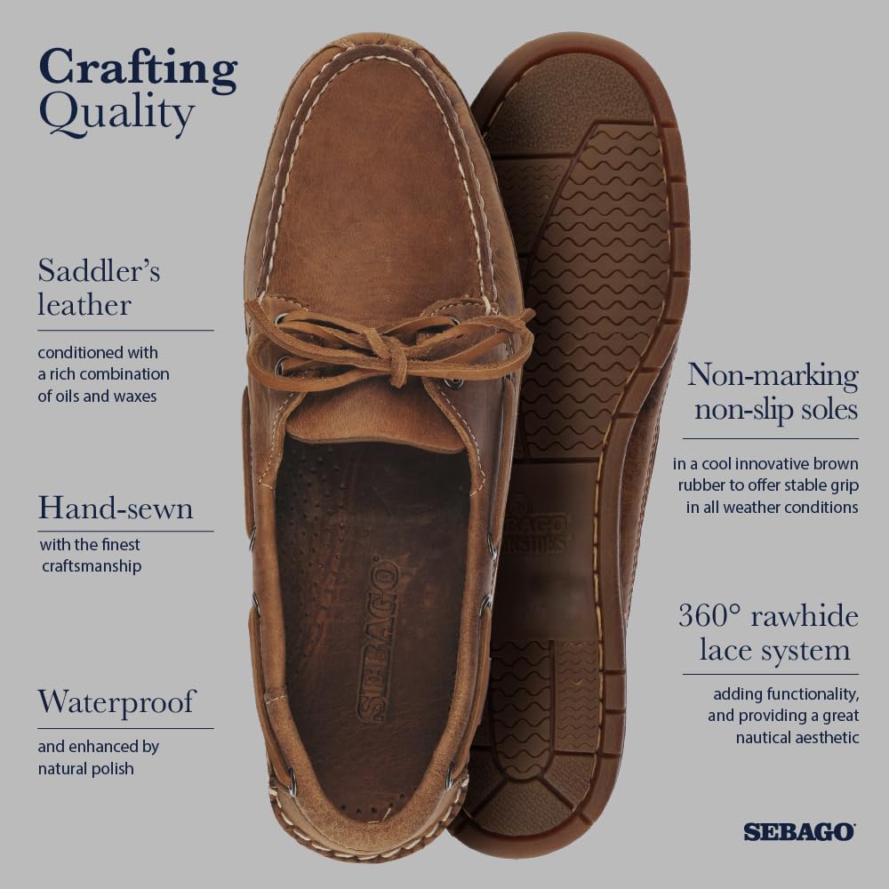 Sebago Schooner Saddler's Leather Boat Shoes - Waterproof Moccasins for Men Featuring Leather Sock Lining, and Non-Marking, Slip-Resistant Outsoles, Brown Tan - 8.5 Regular