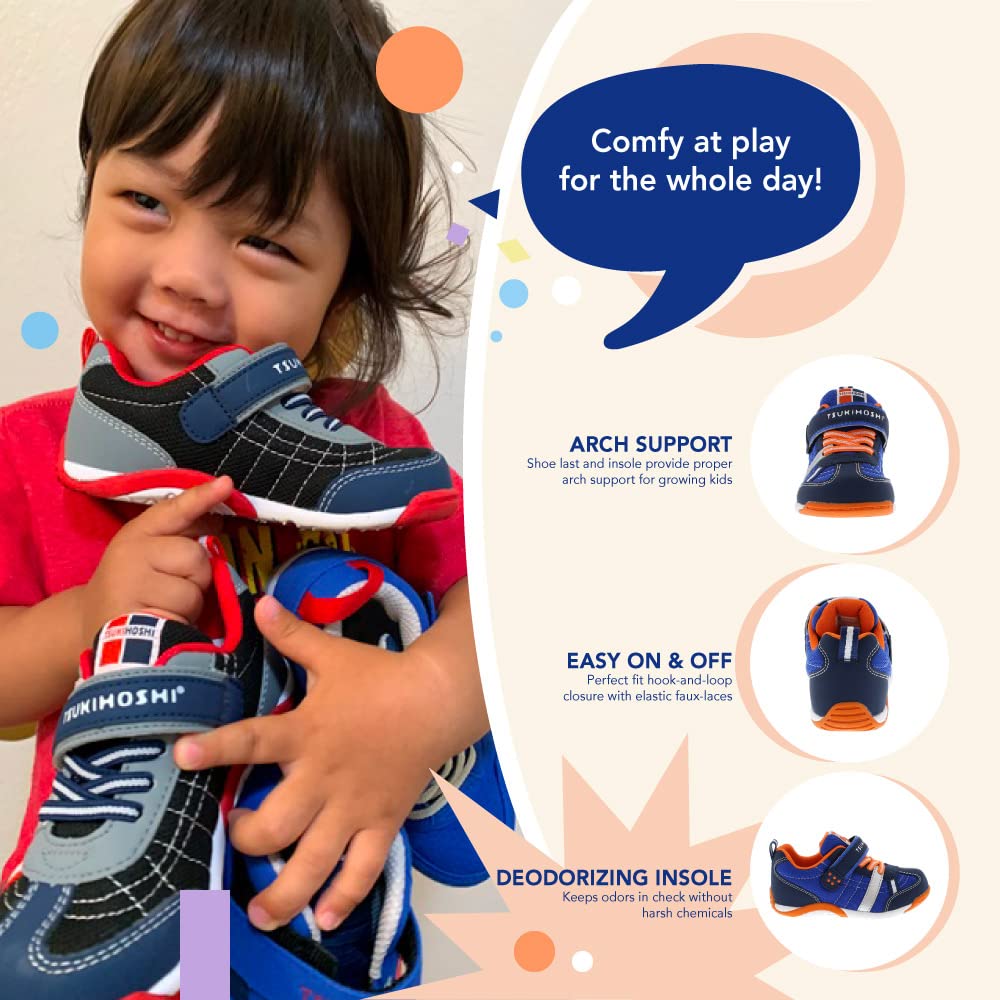 TSUKIHOSHI 1521 KAZ Strap-Closure Machine-Washable Child Sneaker Shoe with Wide Toe Box and Slip-Resistant, Non-Marking Outsole - For Toddlers and Little Kids, Ages 1-8 10.5 Little Kid Navy/Tangerine